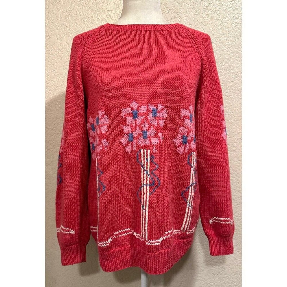 Izod Club Vintage 80s Pink Hand-Knit Floral Sweater